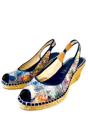 La Maison De L'Espadrille Shoe Wedge Blue Floral Sz 40 US Sz9 Open Toe Slingback